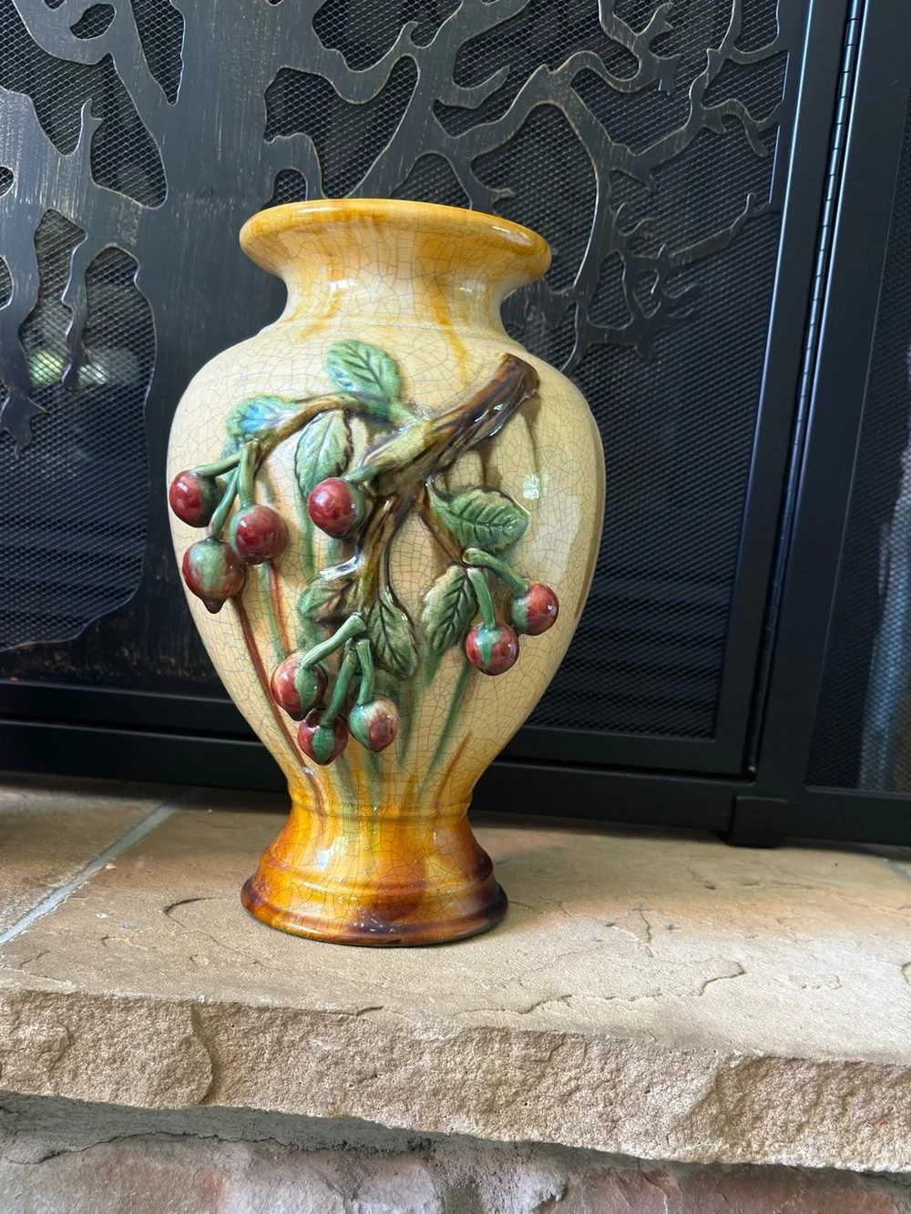 Decorative Fruit Relief Ceramic Vase - Yellow and Green